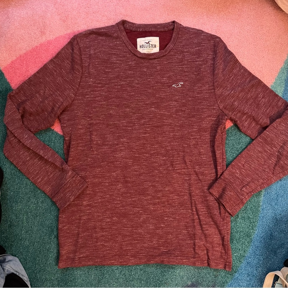 Hollister Men’s Sweater Knit Marbled Logo Crew Neck Burgundy Maroon Preppy